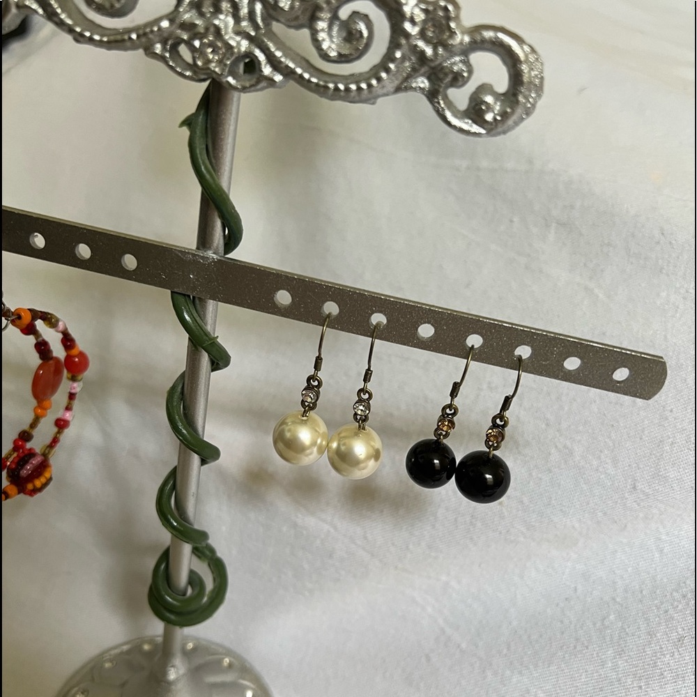 Faux Pearl and Onyx Crystal Brass Earrings
